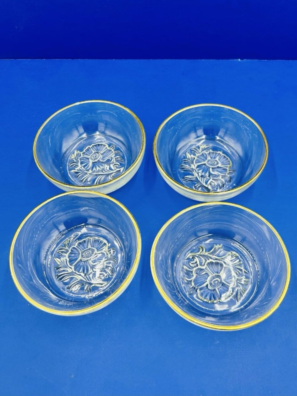 Vintage Gailstyn "It's a Dilly" Glass 5" Berry Bowls w/ Gold Trim Set of 4 MCM
